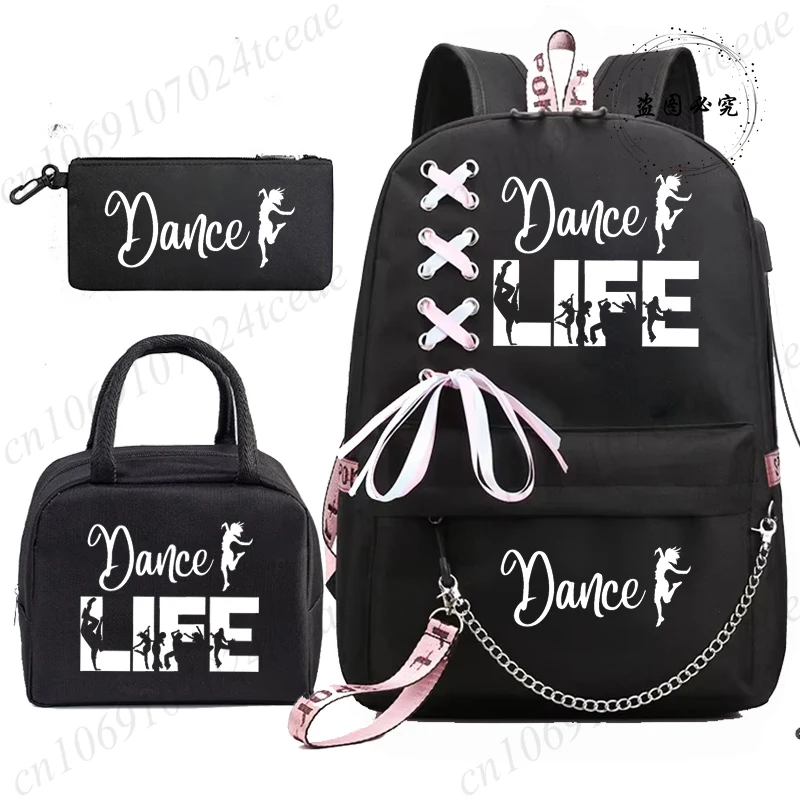 

New Fashion Bagpack Back To School Backpack Bags Dance Life Cartoon Students College Backpack with Lunch Bag Mochila Bookbag