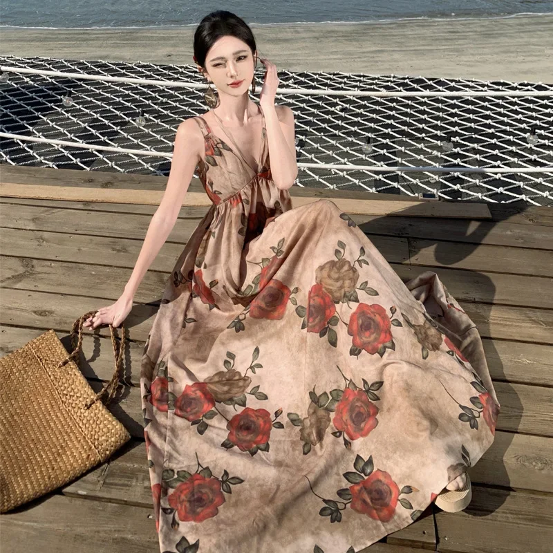 2024 New High-End French Style Copper Amide Printing Tank Dress Long Dress For Women Summer Vacation In Sanya