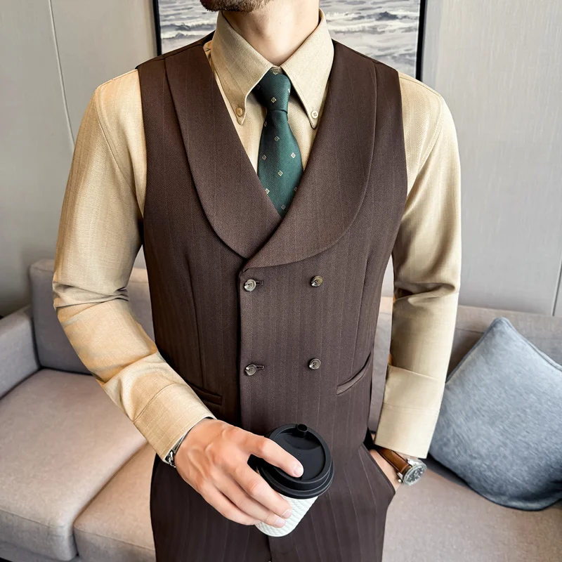 

( Vest+Pants) Autumn Winter Thicken Wool Striped Suit Vest 2 pieces Men Fashion Slim Fit Business Casual Wedding Dress Vest Sets