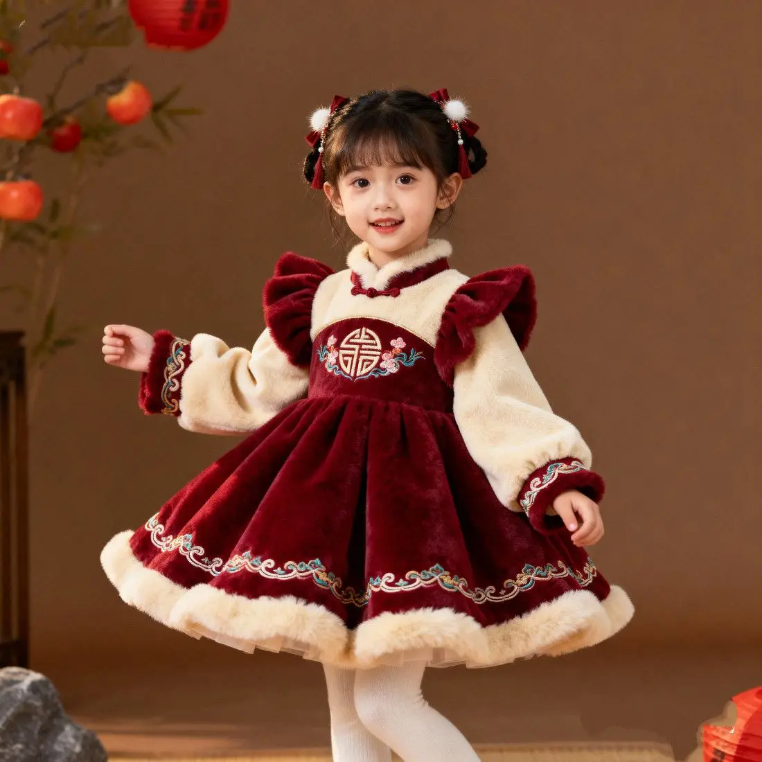 

Платье для девочек, осень-зима 2024, новое бархатное пышное платье в китайском стиле для дня рождения, платье принцессы, новогодняя одежда