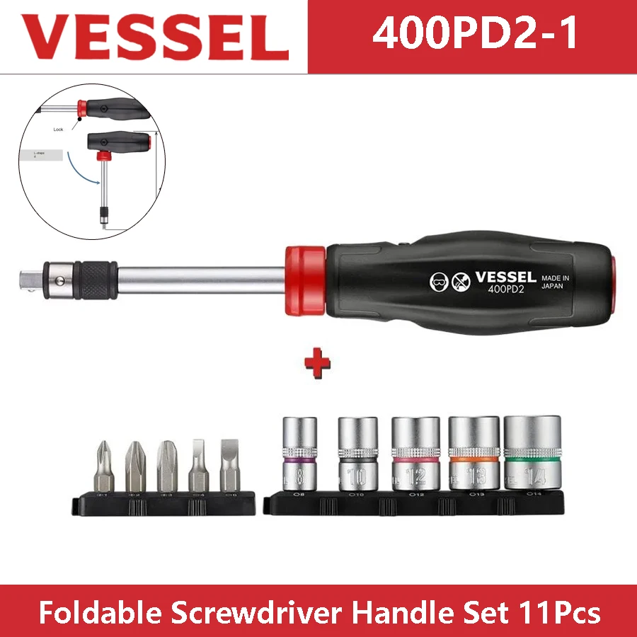 VESSEL 400PD2-1 Foldable Screwdriver Handle Set 11Pcs with Screwdriver Bit & Hex Socket 2-way 1/4SQ + 1/4HEX Screwdriver