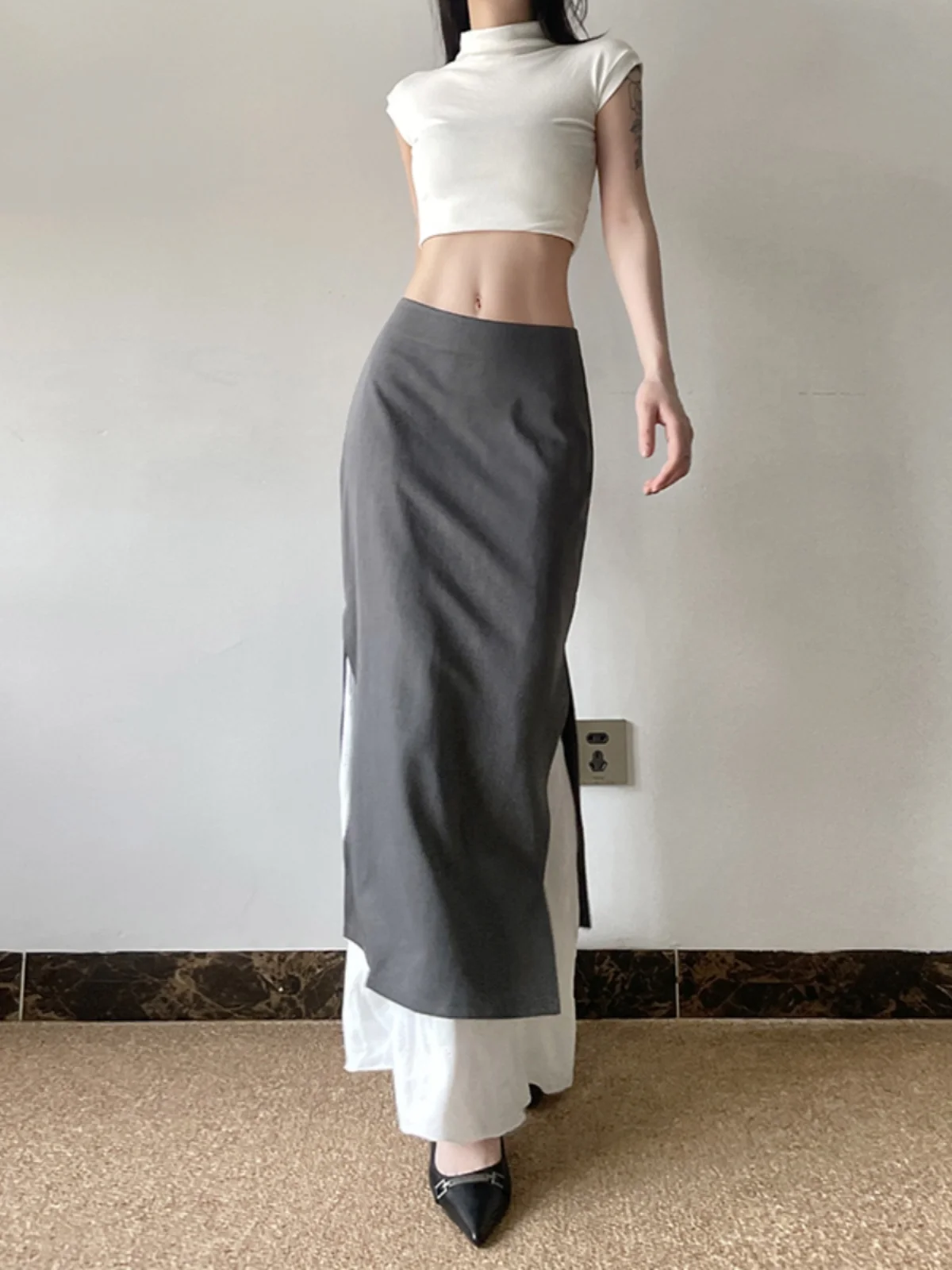 المرأة ريترو رمادي تقسم Bodycon حورية البحر تنورة الجانب الشق تصميم أنيق سليم صالح عالية الخصر ميدي تنورة الخريف الشتاء