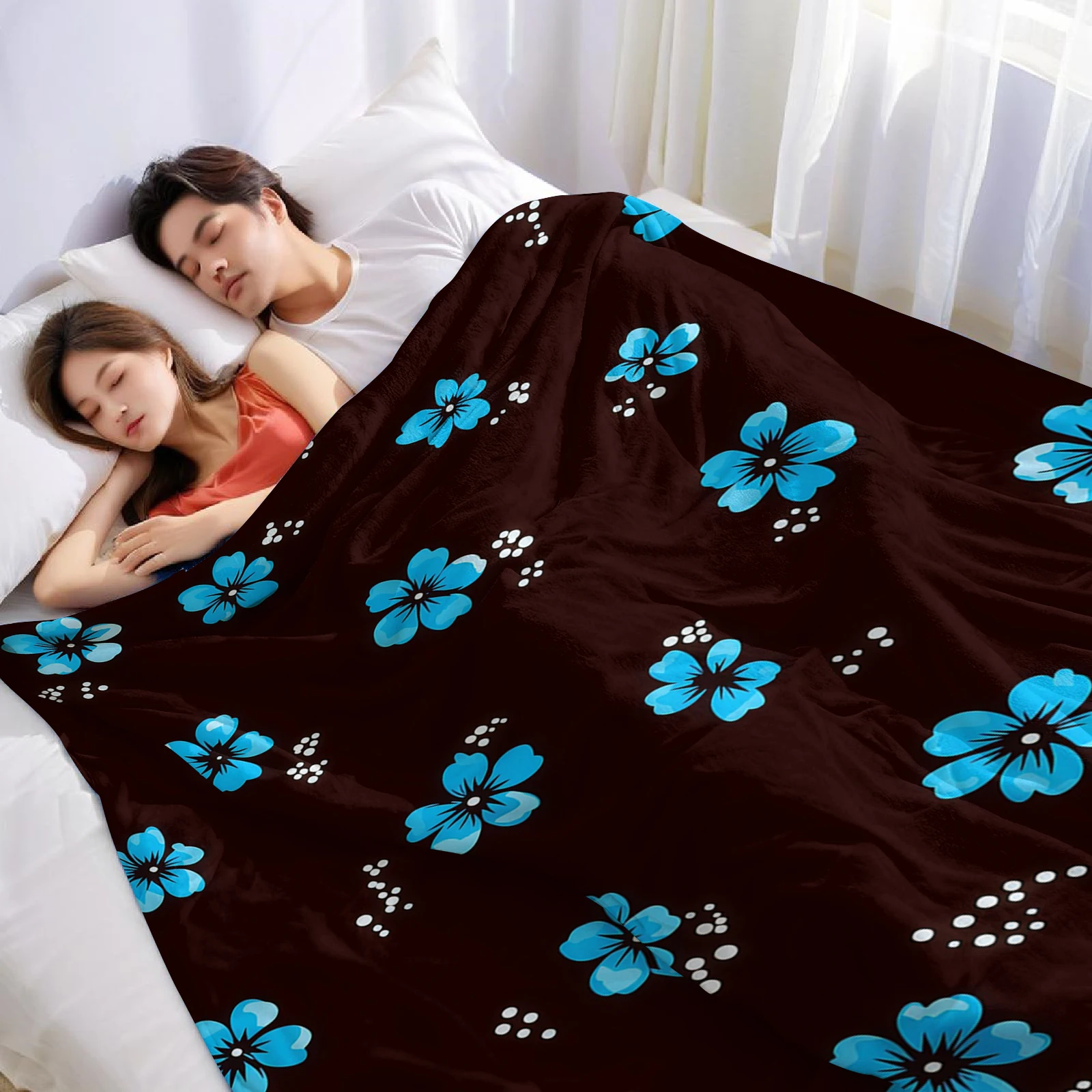 Blue Floral on Black Halloween Flannel Fleece Blanket Fluffy Warm Cozy Throw for Sofa Bedroom Home Holiday Decoration Gift