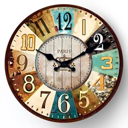 Vintage Mediterranean Wooden Wall Clock Living Room Bedroom Kitchen Home Decor Silent Quartz Clock Holiday Gift 10-Inch 12-Inch 14inch 16inch (No Battery)