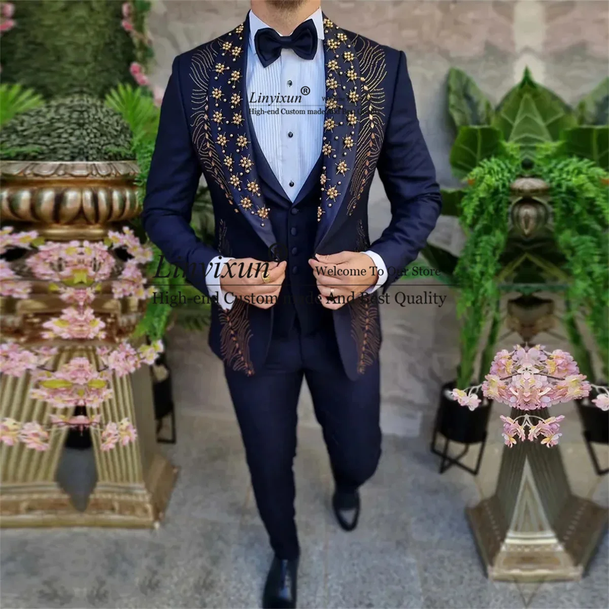 Gold Embroidered Stone Men Suits 3 Pieces Sets Male Prom Blazers Luxury Crystals Groom Tuxedos Slim Fit Wedding Costume Homme