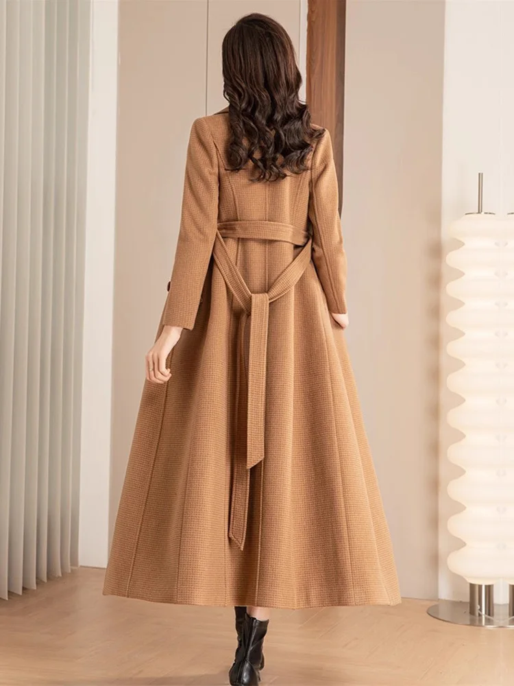 جديد نساء معطف من مزيج الصوف خريف موضة ياقة بدلة خصر نحيف مع حزام صدر مزدوج معطف صوفي أنيق بساطة معطف