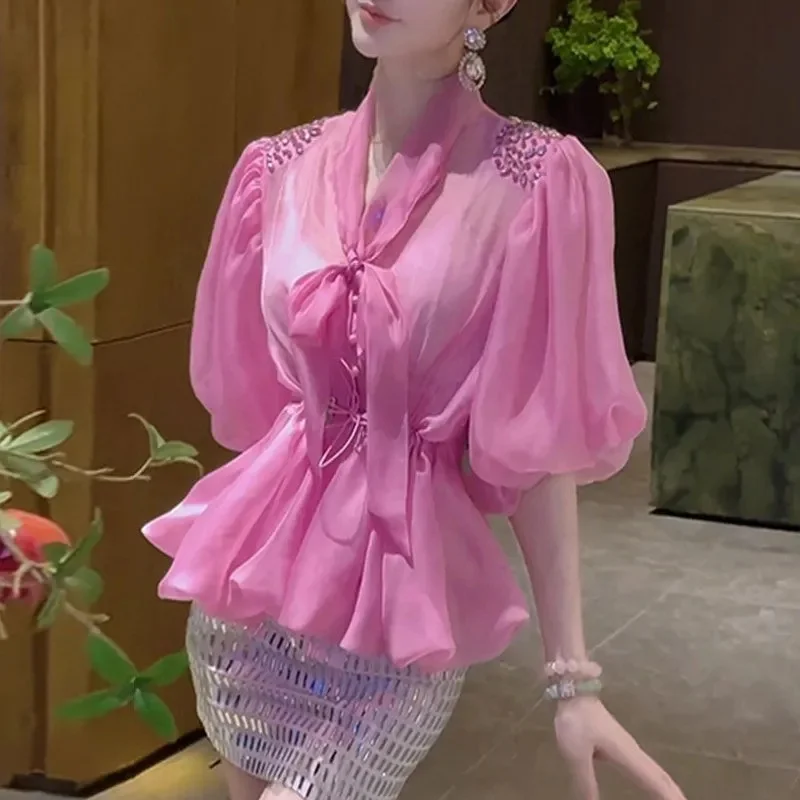 

2026 New Women's Shirts Blouse Fashion Design Pink Shirt Waist Cinched V-neck Summer Clothes Korean Women Receive High Praise