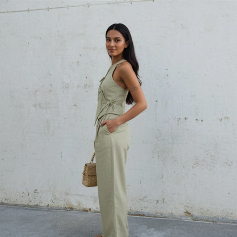Women Green Bowknot Wide-leg Pant Suits Chic Solid Sleeveless Lace Up Slim Fit Long Pant Sets 2026 Lady Daily Street Outfits New image 3