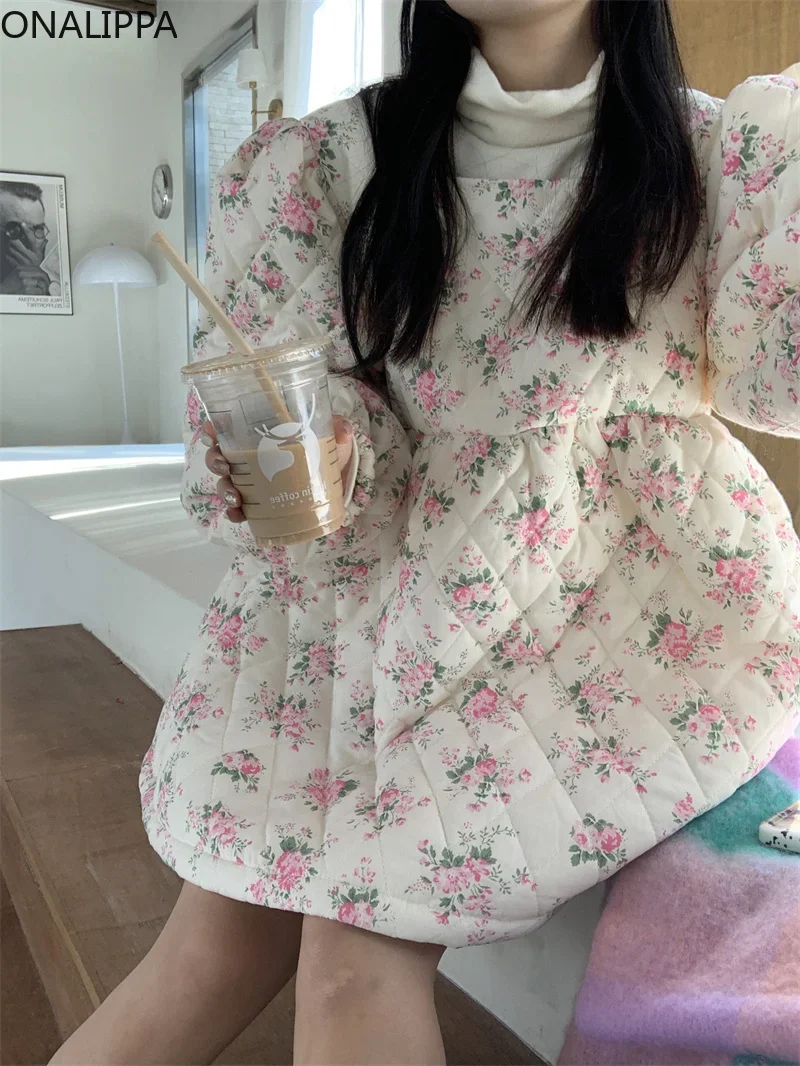 Onalippa Sweet Pink Floral Quilted Coat Square Collar High Waist Kawaii Coats Korean Fashion Chic Puff Long Sleeves Pullover