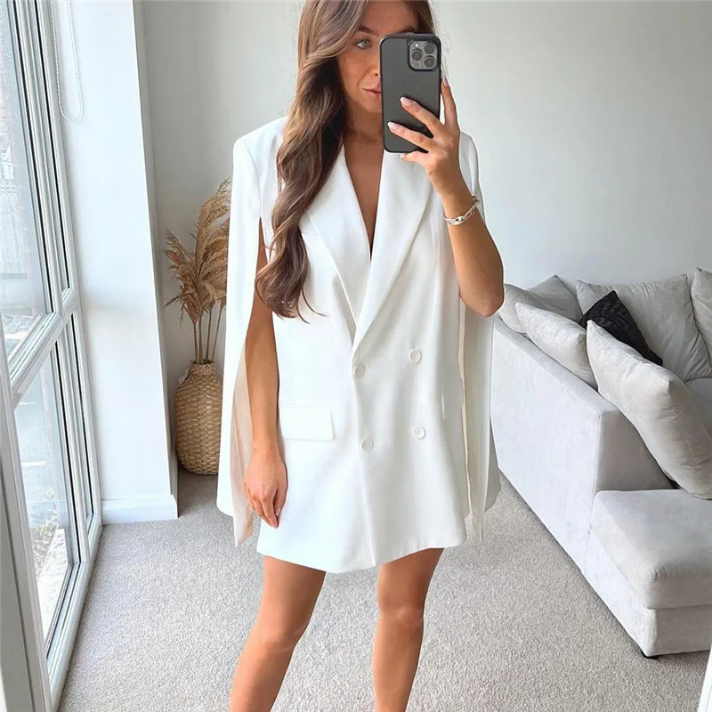 Pink Sleeveless Cloak Jacket Coat Women Fashion Spring Turn Down Collar Double Breasted Pockets Office Ladies Blazer Mujer 2022