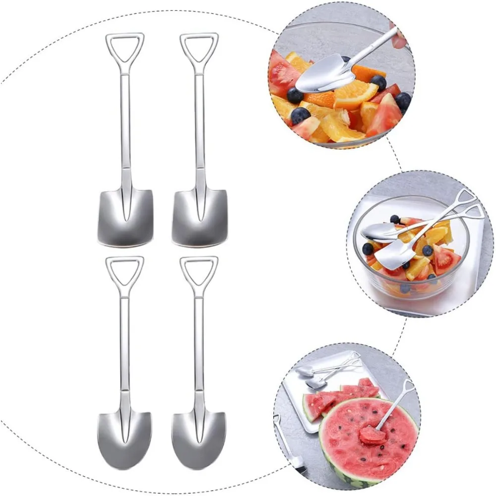 4PCS Shovel Spoon Stainless Steel Coffee Shovel Shape Pointed Mini Pudding Spoon Tea Sugar Yogurt Stirring  Ice Cream Spoon