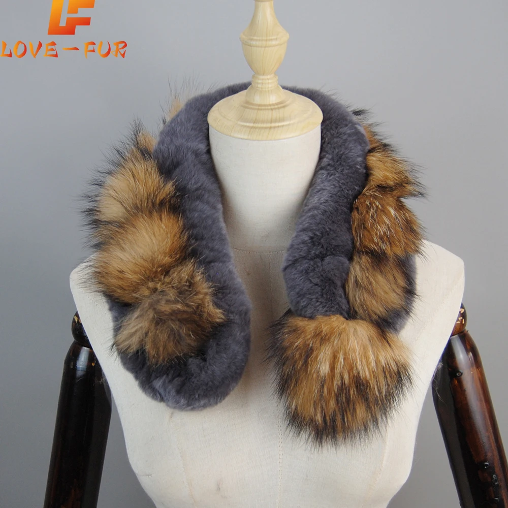 New Winter Warm Fur Wraps Elastic Rings Women Knitted Rex Rabbit Fur Scarves With Raccoon Fur Strips Real Raccoon Fur Mufflers