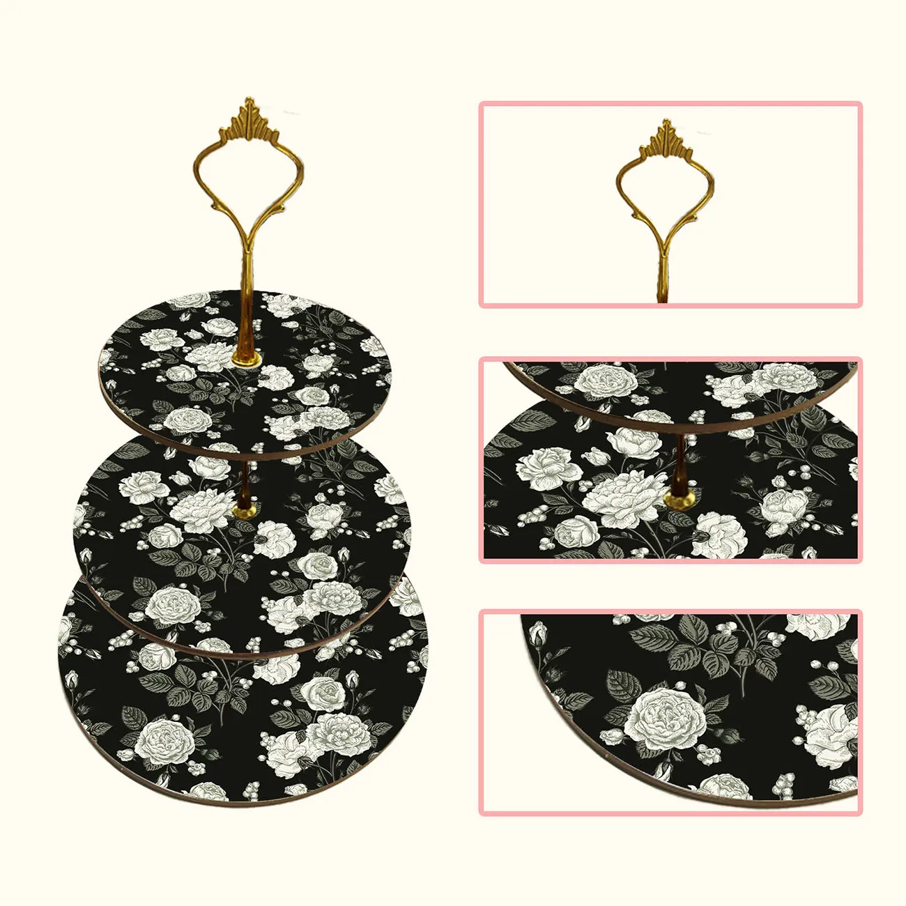 1-piece set of 3-layer wooden floral themed cake rack, securely decorated cake tray, detachable dessert display stand
