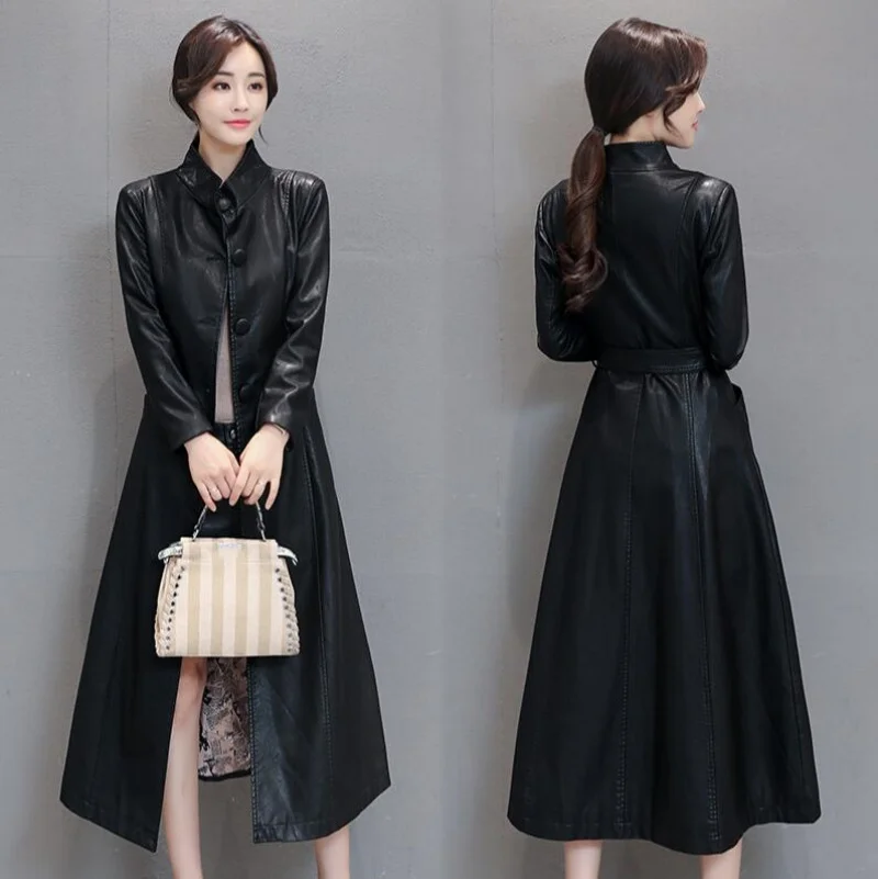 Nuevo gabardina de cuero para mujer, moda informal, cuello redondo, botonadura única, Tops ajustados de PU, abrigo largo, prendas de vestir exteriores, Coa de cuero
