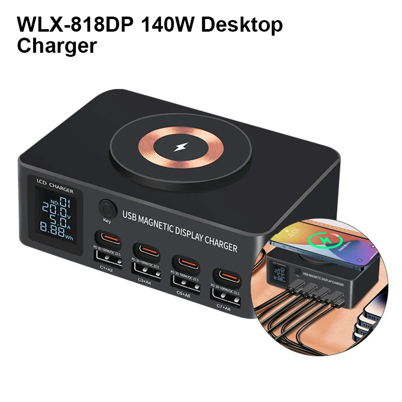 

WLX-818DP 140W 8-Port Desktop Charger Magnetic Wireless Fast Charger 8-Port USB PD QC3.0 Desktop Charging Station