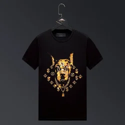 Cartoon Dog Rhinestones T Shirts Men Clothing Short Sleeve Tops Tee Fashion Streetwear O Neck Slim T-shirts футболки со стразами