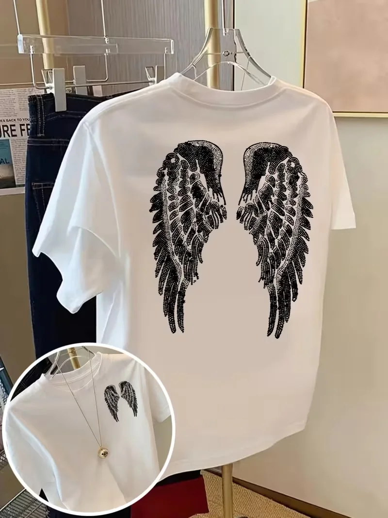 Angel Wings Hot-Pressed Print T-Shirt, Front & Back Design, Casual Unisex Crew Neck Short Sleeve, Versatile Summer Daily Top