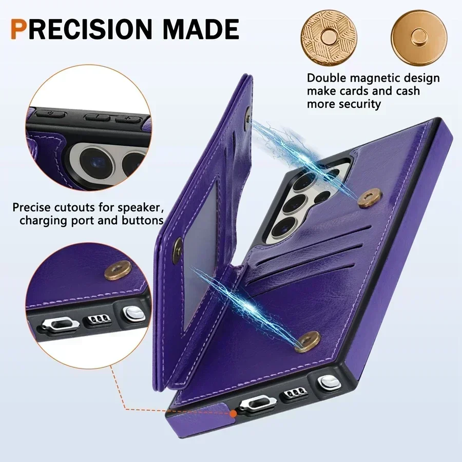 กระเป๋าสตางค์สีทึบแม่เหล็กหัวเข็มขัดคู่ RFID Blocking Card สําหรับ Samsung Galaxy S24 Ultra S23 FE S22 PLUS S21 s20