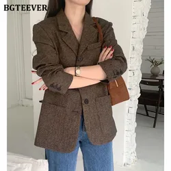 BGTEEVER Vintage Notched Collar Ladies Woolen Blazer Jackets Casual Full Sleeve Loose Female Suit Coats