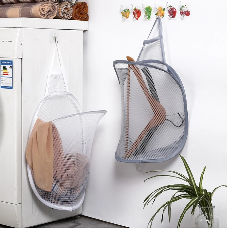 1 قطعة الحائط الملابس القذرة سلة شبكية طوي صندوق تخزين ملابس سلة ثقب الحرة صندوق تخزين ملابس صافي اكسسوارات الحمام #2