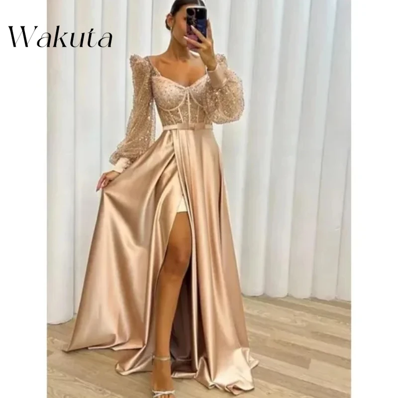 

Wakuta Long Sleeve Sparkly Sequin Prom Dresses with Slit Sexy Bodycon Tulle Formal Evening Party Gowns for Women robe de bal