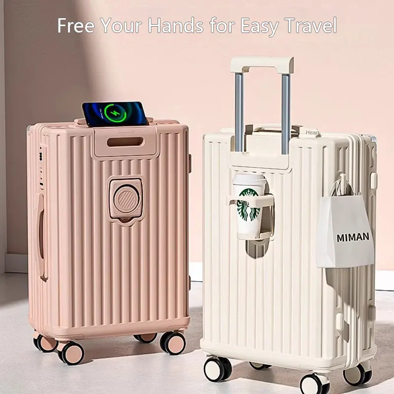 Large Capacity Suitcase Female Rolling Suitcases on Wheels Zipper Password Lock Luggage Cabin Case with Cup and Phone Holder