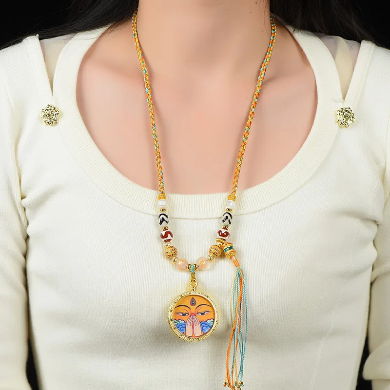 Tibetan Hand-Woven Halter Thangka Necklace Zachilam Niche for a Statue of the Buddha Gold Tag Necklace Women's Sweater Chain