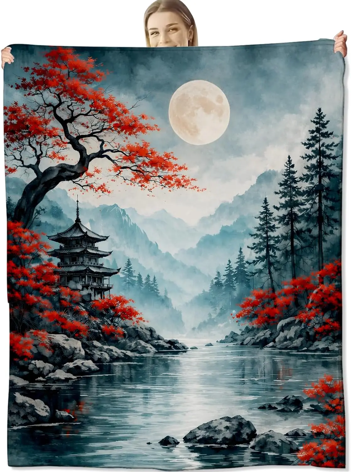 Retro East Asian Ink Scenery Maple Pagoda Moon Water Art Flannel Blanket Indoor Outdoor Soft Classic Warm Home Holiday Gift