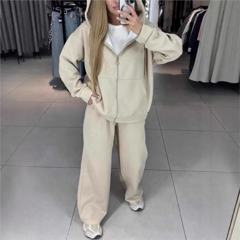 Fall Winter Rhinestone Diamonds Hooded Sweatshirt Two Piece Set Women Tracksuits  Coat Drawstring Pants Retro Loose Sport Suit