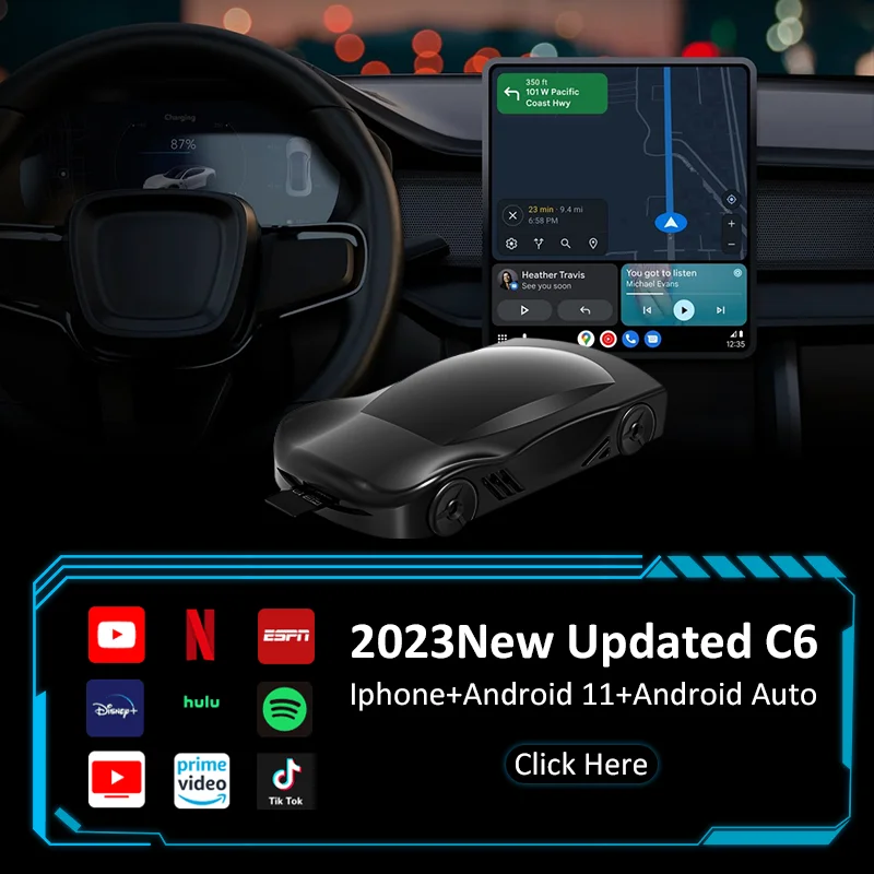 Leranda-صندوق سيارات لاسلكي c6, android auto, apple carplay, qualcomm, snapdragon m2290, 2gb, 16gb, google play, youtube, netflix