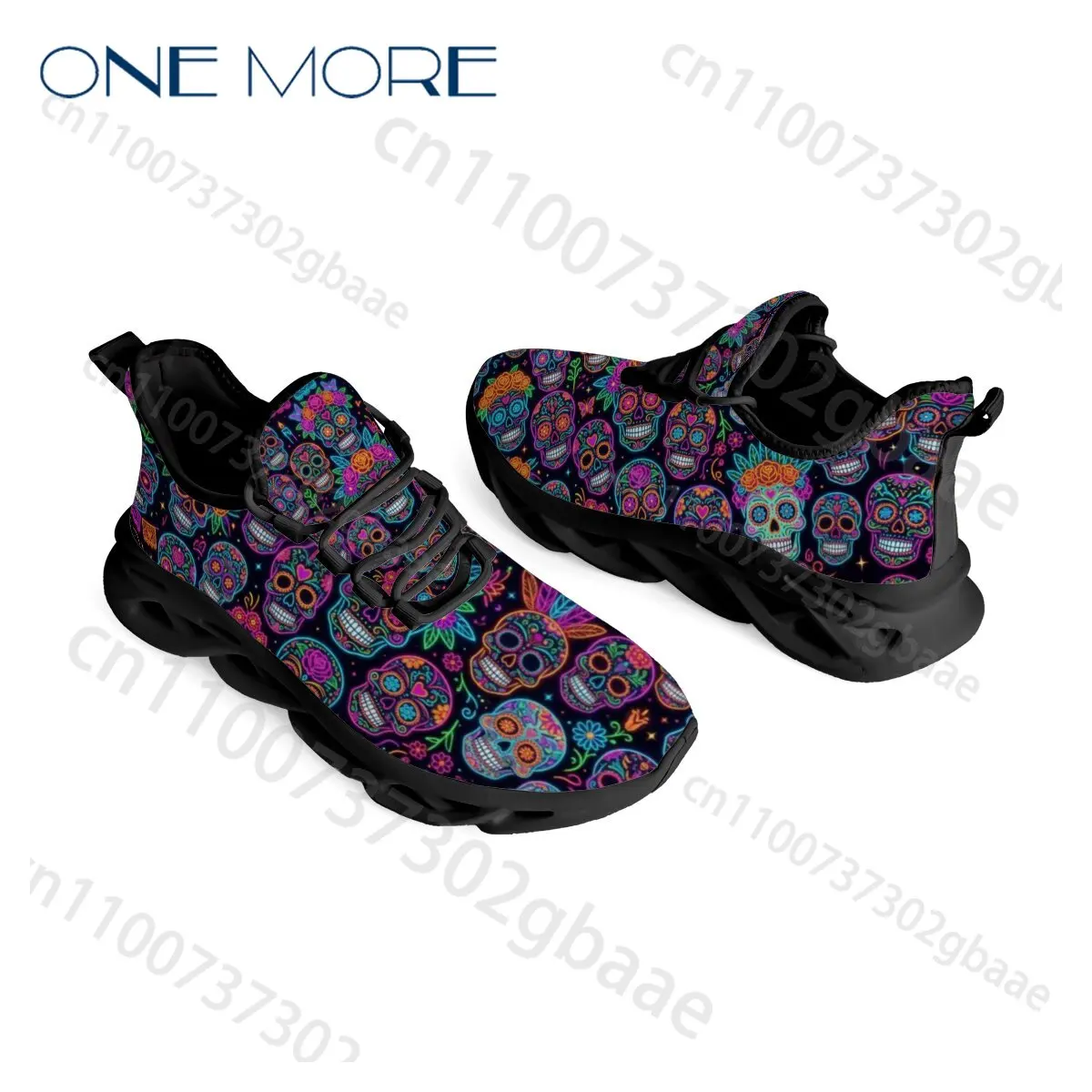 Holiday Gift Neon Sugar Skull All Over Print Sneakers Women Man Mexican Day of The Dead Breathable Mesh Lace‑Up Shoes