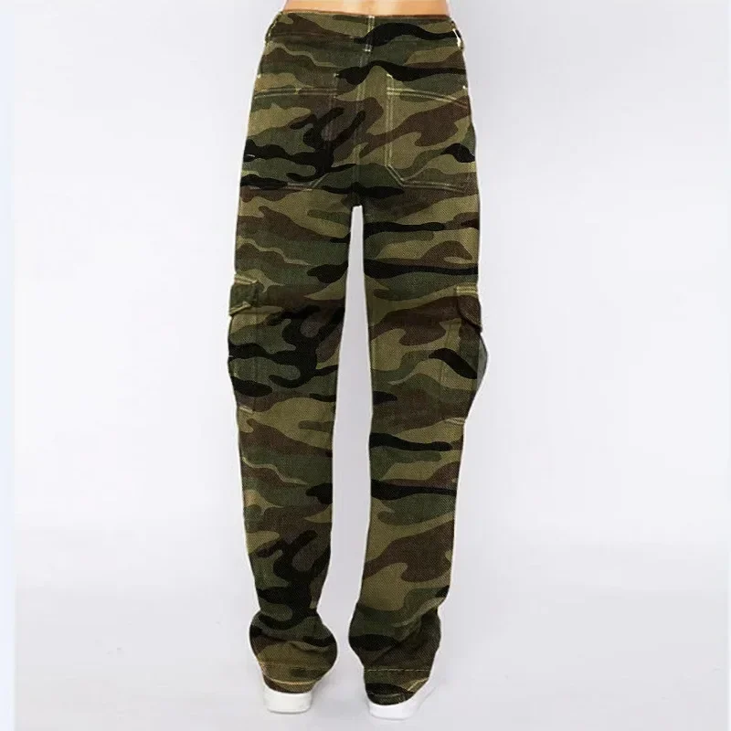 Jeans Denim donna pantaloni dritti Camouflage lavaggio vestibilità ampia tasche a vita alta Streetwear leggero Strech Cargo primavera 2024