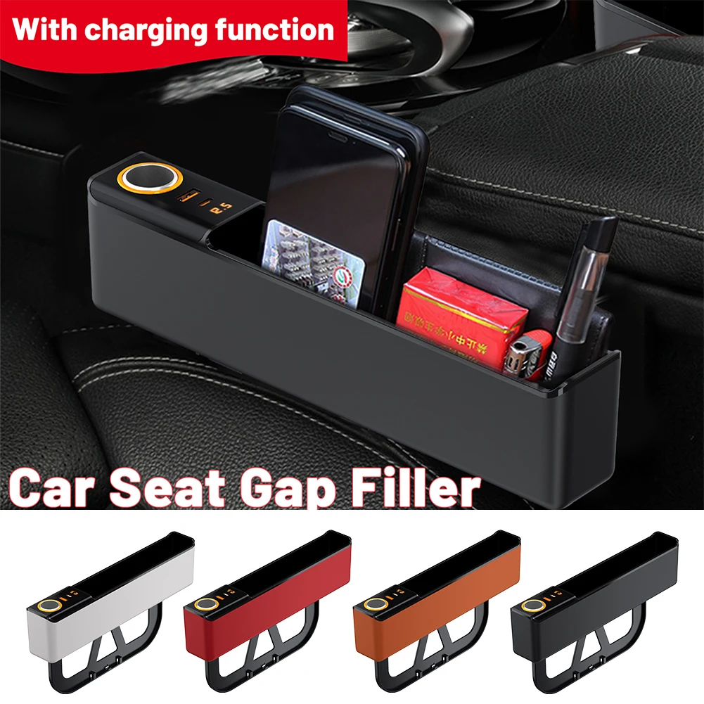 

Universal Car Seat Gap Filler Storage Box with Dual USB Ports Type-C Fast Charging 2 In 1 Car Seat Gap Center Console Organizer