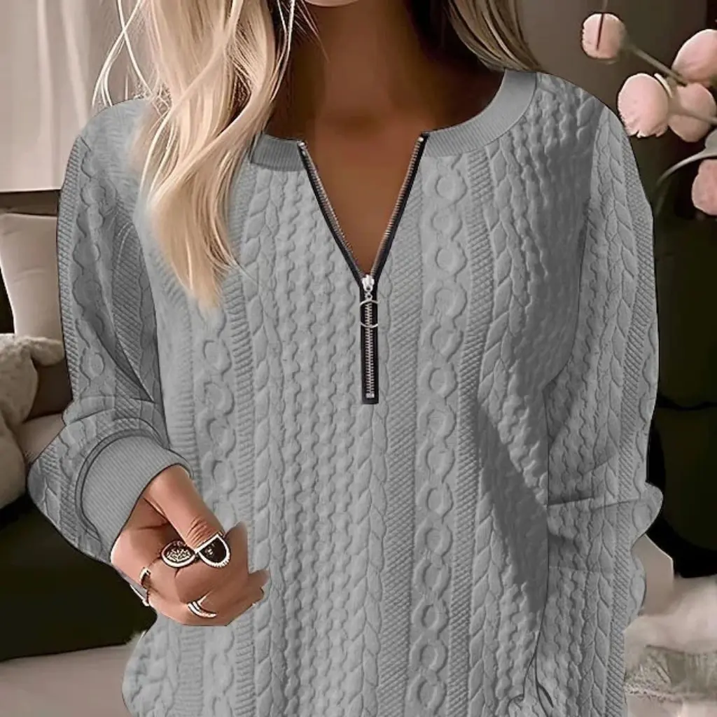 

Women's Long-Sleeved V-Neck T-Shirt Solid Color Zipper Top Autumn Winter New Style European American Independent Station