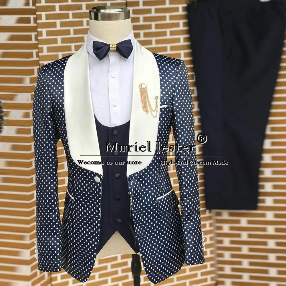 Elegant Polk Dot Suits Men For Wedding Shawl Lapel Jacket Vest Pants 3 Pieces Set Formal Party Groom Tuxedo Custom Made Clothing