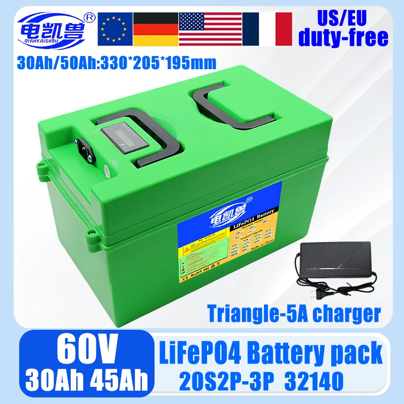 

60V 30Ah 45Ah 32140 New Lifepo4 Rechargeable Battery Pack 20S2P with Display 3200W High Power Built in 50A BMS Electric Vehicle