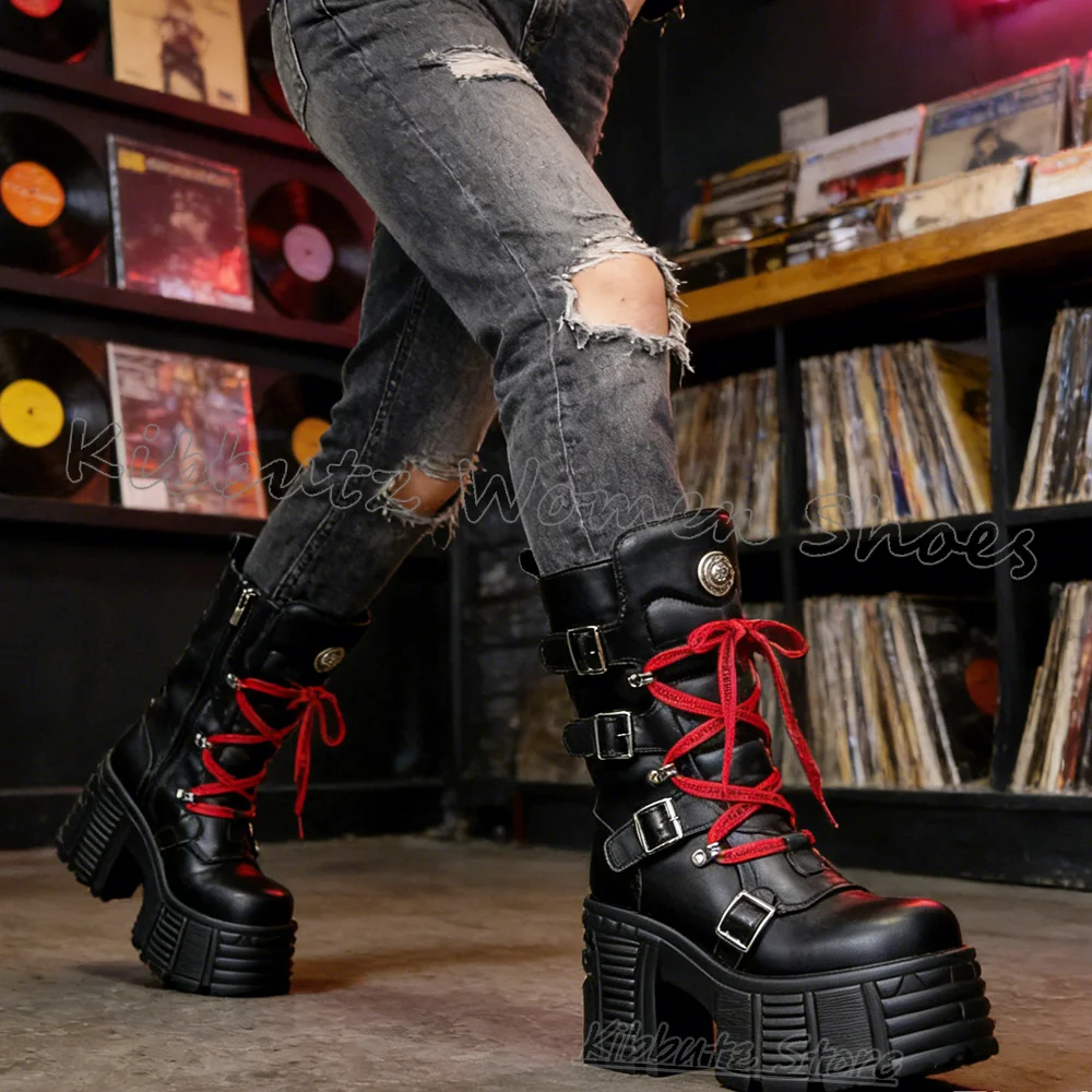 Gothic Ankle Boot Platform Lace-Up Women Shoes Leather Mixed Color Punk Rock Novelty Fashion Elegant Concise Sexy Round Toe Heel