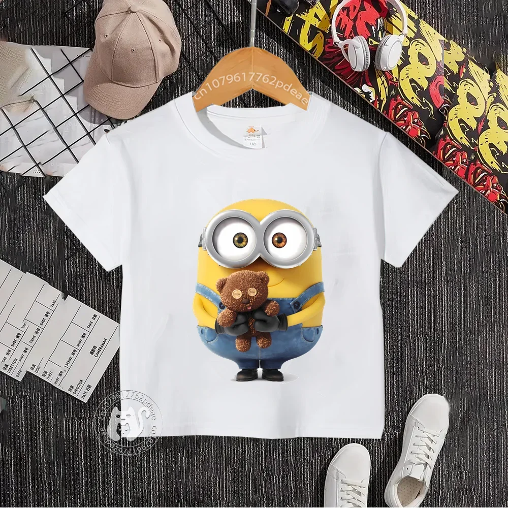 MINISO Hip Hop Style 100% Cotton T-shirt Kids/Adult Cartoon Minions & Baby Bear Printed Round Neck Cotton T-shirt Short Sleeve