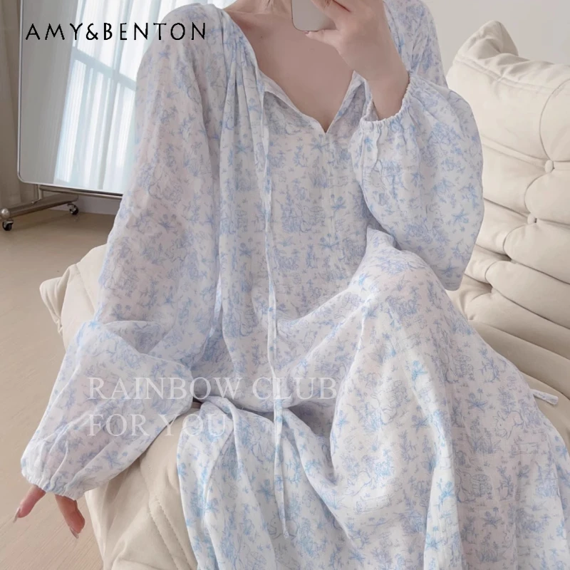 

New Four Seasons Cotton Double-layer Yarn Women's Nightdress Original Design Simple Fresh Loose Lengthened Loungewear Ladies