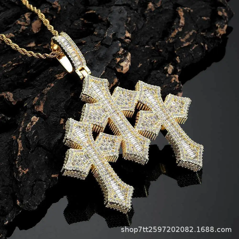 Cro Hip Hop Jewelry Classic Full Diamond Cross Pendant High Grade T-Square Zircon Men's and Women's Necklace