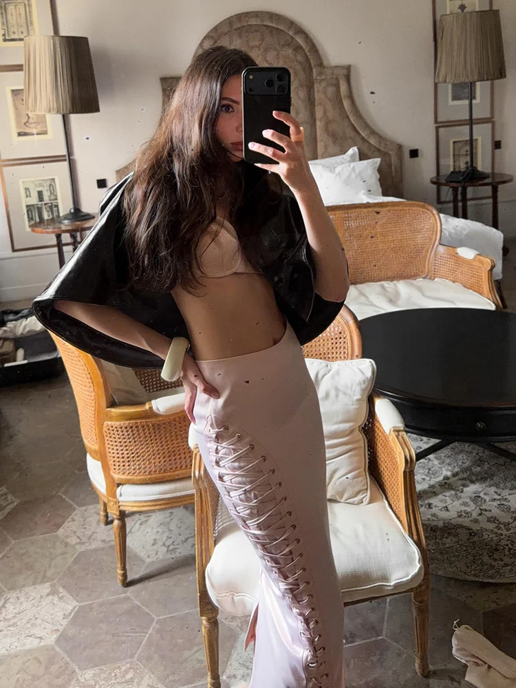 Vintage Solid High Waist Bodycon Midi Dress Women Trendy Side Eyelet Lace Up Slim Fit Pencil Skirt Elegant Daily Party Wear 2026