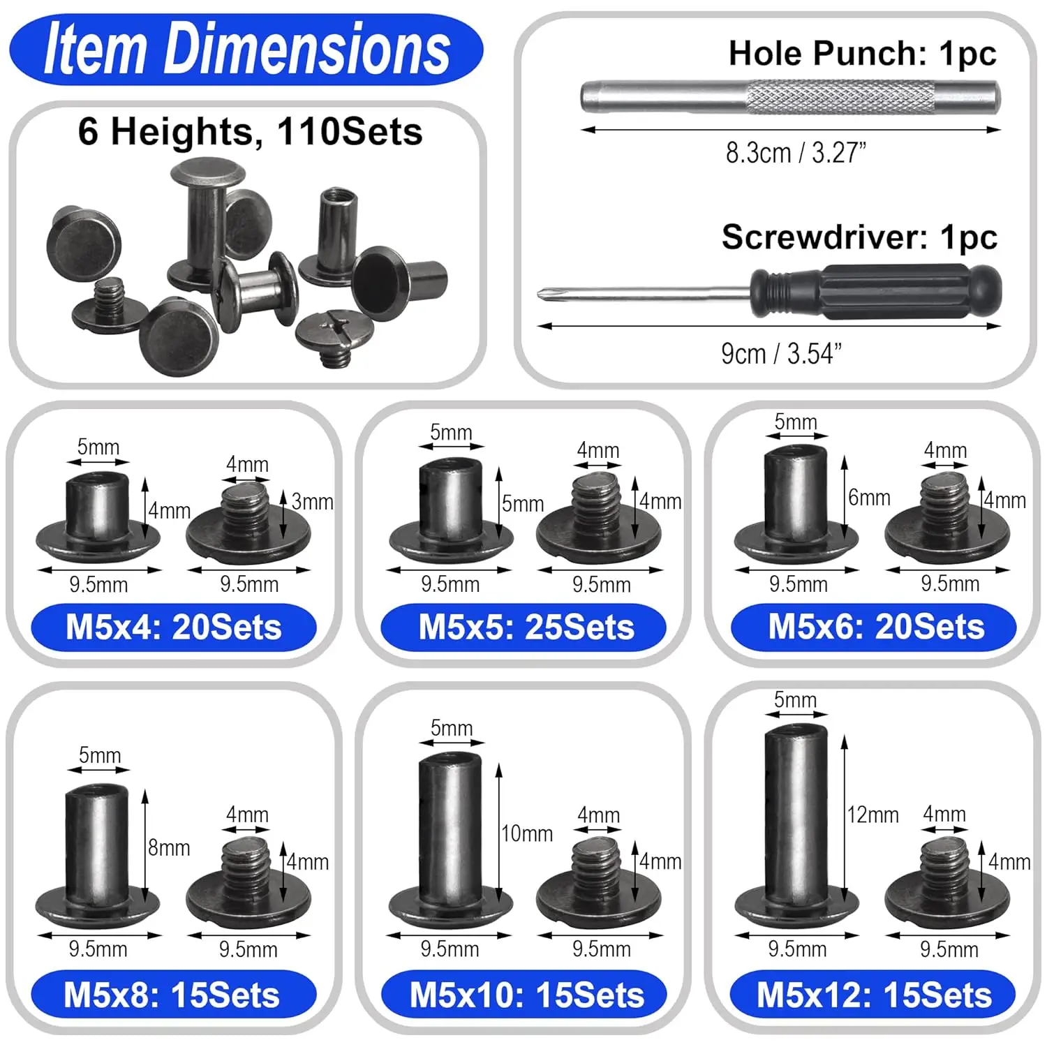 110Sets Chicago Screws Leather Rivets Assorted Screw Rivets Chicago Binding Screws for Decorate and Repair Leather Craft Belt Ba
