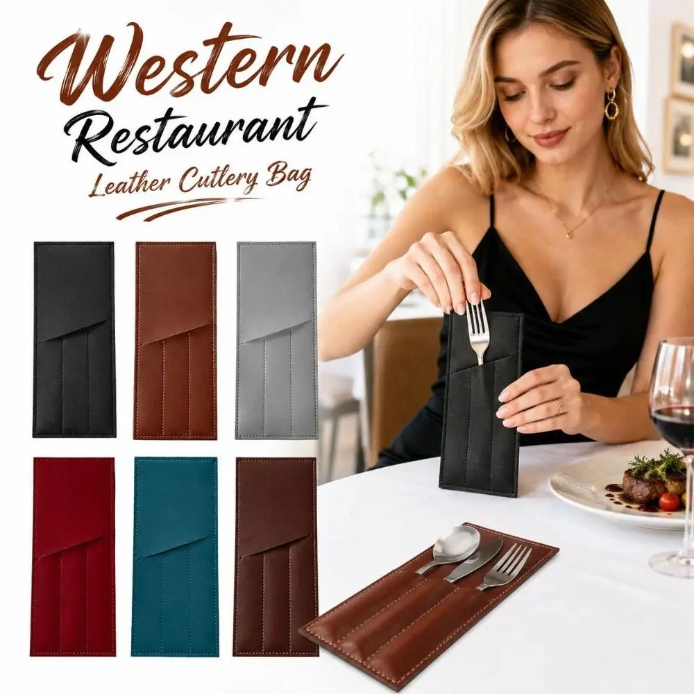 3 Pocket Western Restaurant Fork Cutlery Bag Oil-resistant Rectangular Cutlery Storage Pouch Solid Color Multi-functional