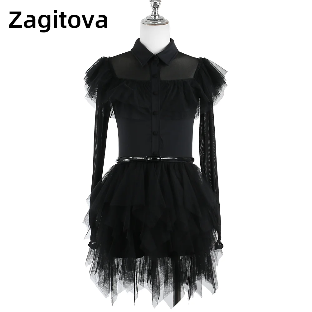 

ZAGITOVA Figure Skating Dress Women Girls Ice Skating Skirt Black Mesh Skirt Costume Halloween The Addams Family