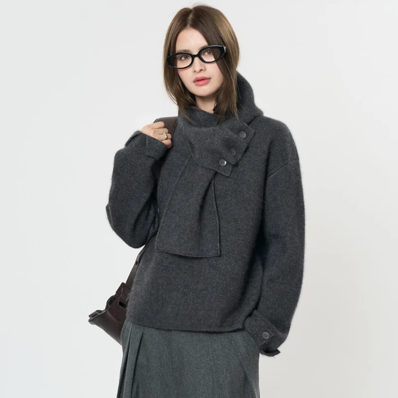 Winter wool sweater women's casual solid color round neck long sleeved scarf decoration loose sweater