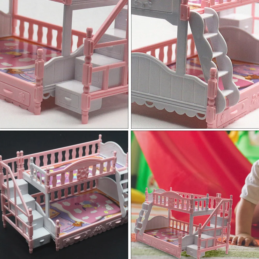 Girl Toys Artificial Bed Mini House Bunk Miniature Furniture Wood Double Layer Landscape Decor Pink Model