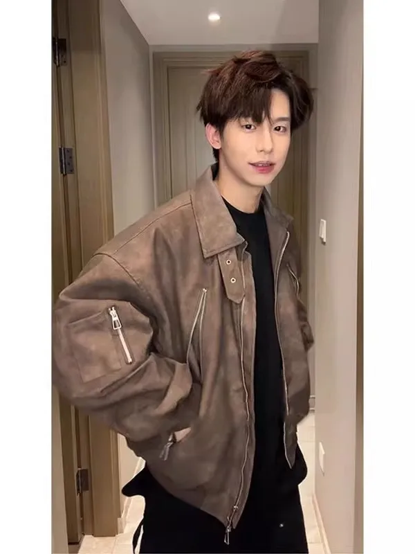 

Мужская куртка Cleanfit из винтажной искусственной кожи, модная, с эффектом поношенности, в стиле байкерской, с воротником, ретро, длинный рукав, на молнии