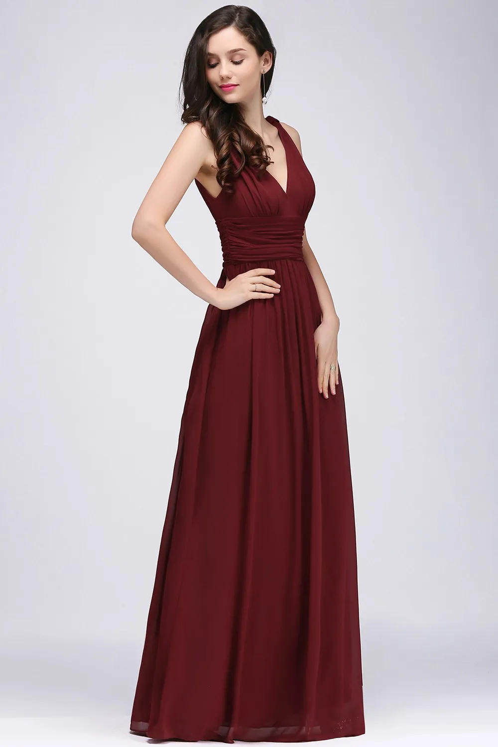 BABYONLINE Bridesmaid Dress Pleated Front Bodice Combined with Illusion V-neckline A-Line Chiffon Flowy Skirt Wedding Guest Gown