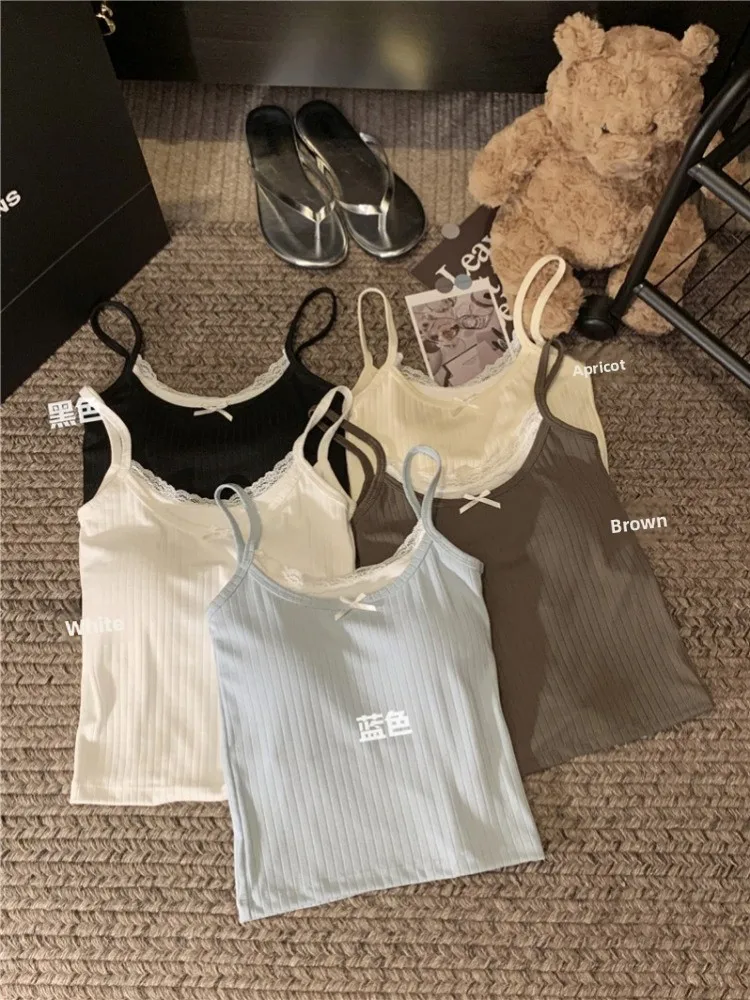 Chaleco con tirantes y ribete de encaje para mujer, ropa interior ajustada con almohadilla para el pecho, nudo superior ortopé de puro deseo de verano