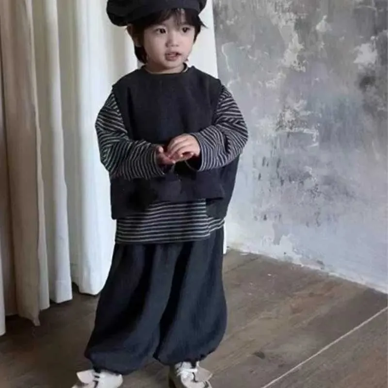 Boys Girls\' Clothing Set Wool Vest+Long Sleeve Striped Bottom Shirt+Casual Pants Autumn/Winter New 3Pcs Korea Siblings Suit